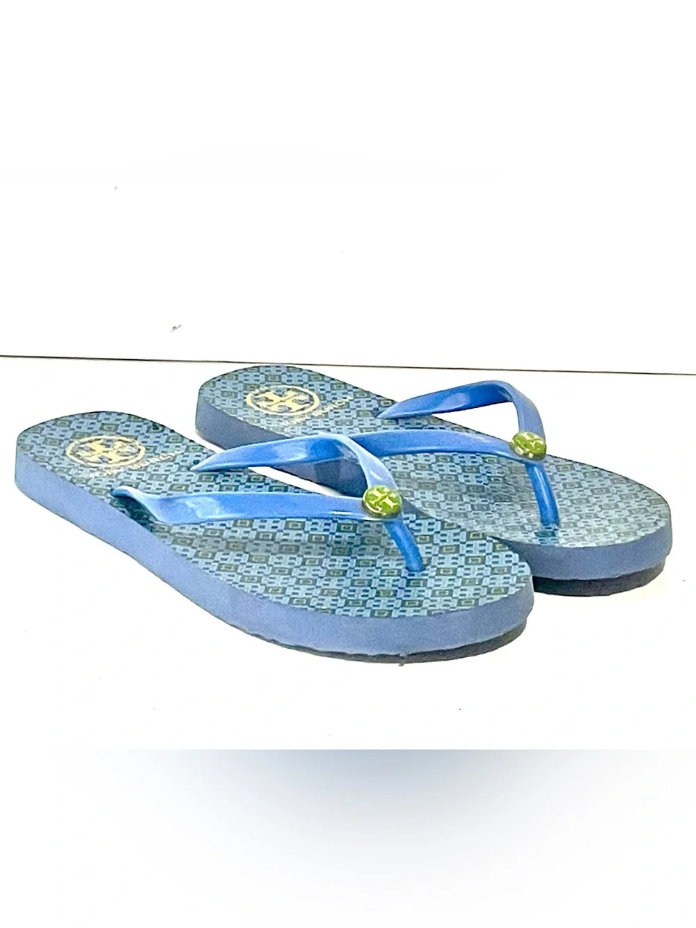 Tory Burch Blue Patterned Thong Sandals with Green Logo Accents Size 6